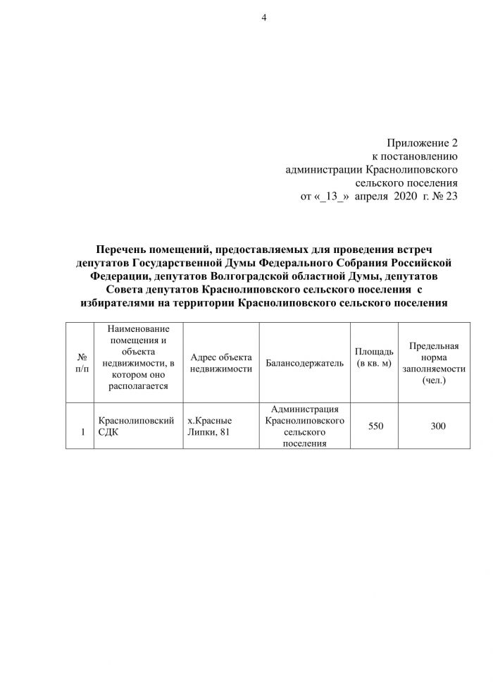 Постановление от 13.04.2020 года № 23 Об определении специально отведенных мест и перечня помещений для проведения встреч депутатов Государственной Думы Федерального Собрания Российской Федерации, депутатов Волгоградской областной Думы, депутатов Совета депутатов Краснолиповского сельского поселения с избирателями, а также порядка их предоставления на территории Краснолиповского сельского поселения